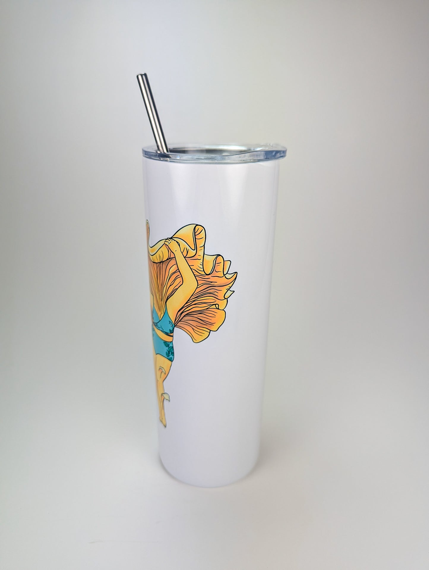 Chanterelle Mushroom Pinup Girl | 20oz Stainless Steel Skinny Tumbler | Beautiful Mushroom Artwork