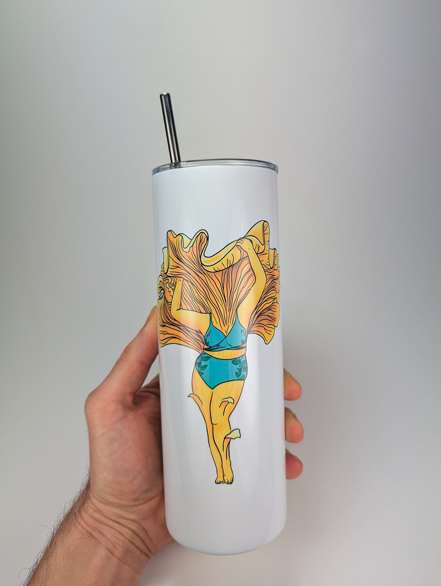 Chanterelle Mushroom Pinup Girl | 20oz Stainless Steel Skinny Tumbler | Beautiful Mushroom Artwork