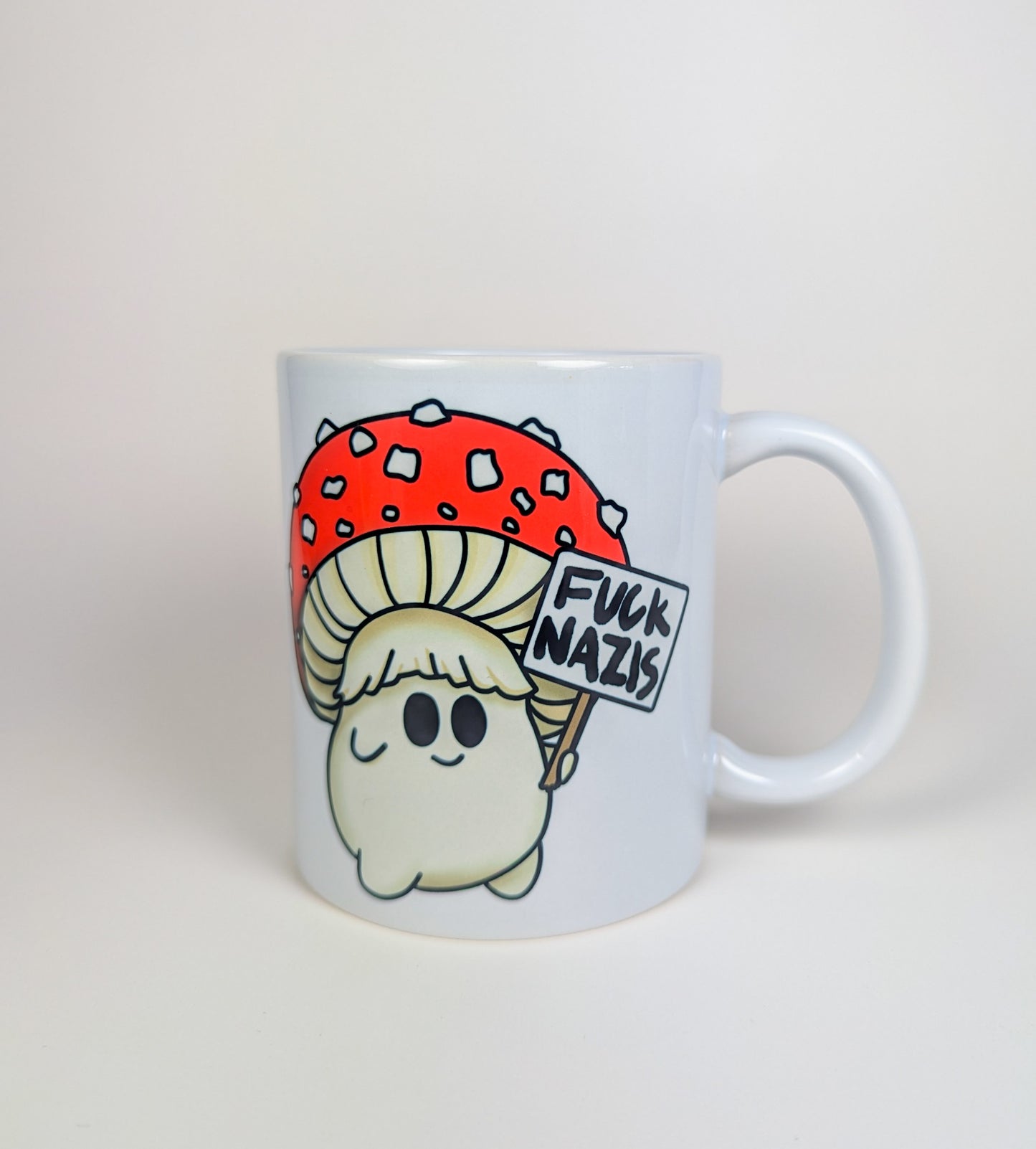 Fuck Nazis Amanita | Anti-Nazi Mushroom Mug | Mushroom Artwork on Ceramic Cup | 11oz/15oz Sizes