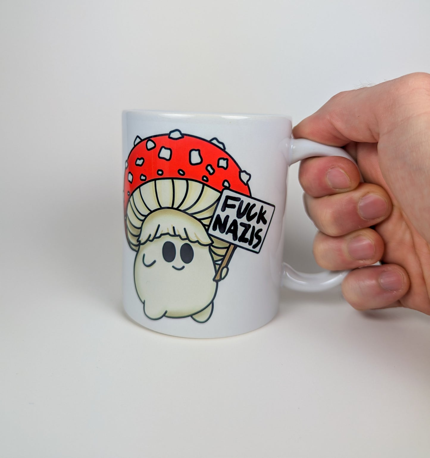 Fuck Nazis Amanita | Anti-Nazi Mushroom Mug | Mushroom Artwork on Ceramic Cup | 11oz/15oz Sizes