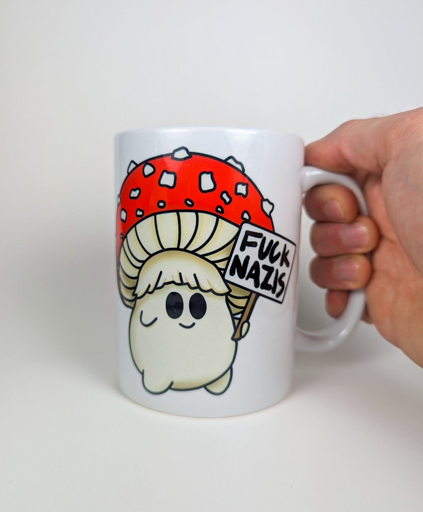 Fuck Nazis Amanita | Anti-Nazi Mushroom Mug | Mushroom Artwork on Ceramic Cup | 11oz/15oz Sizes