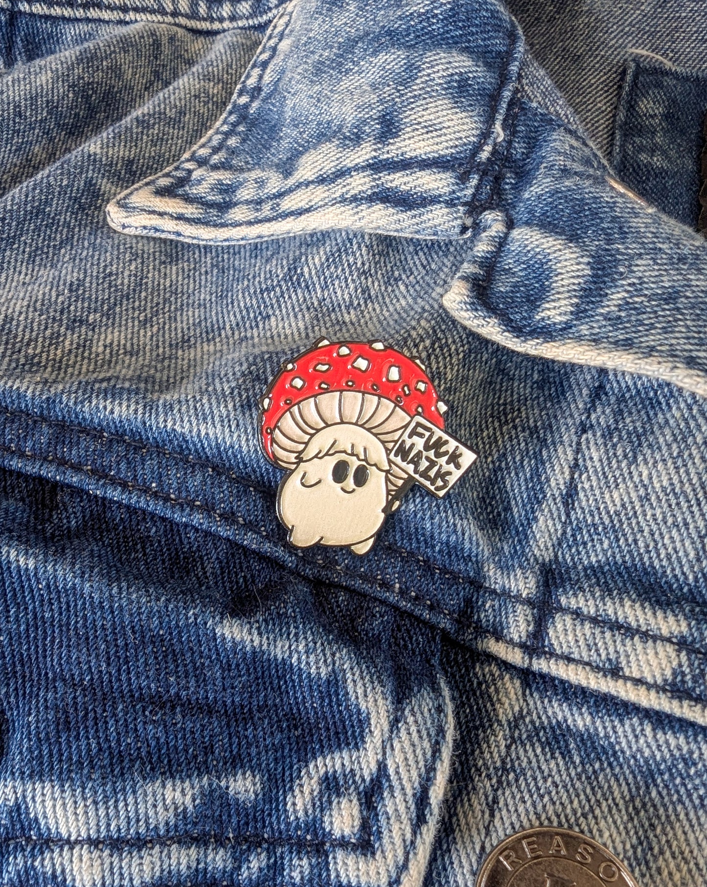 Fuck Nazis Picketing Amanita Mushroom | Soft Enamel Pin