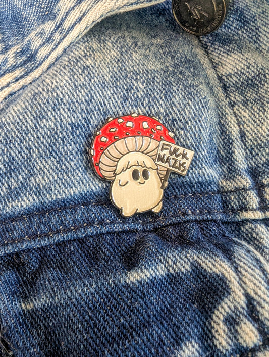 Fuck Nazis Picketing Amanita Mushroom | Soft Enamel Pin