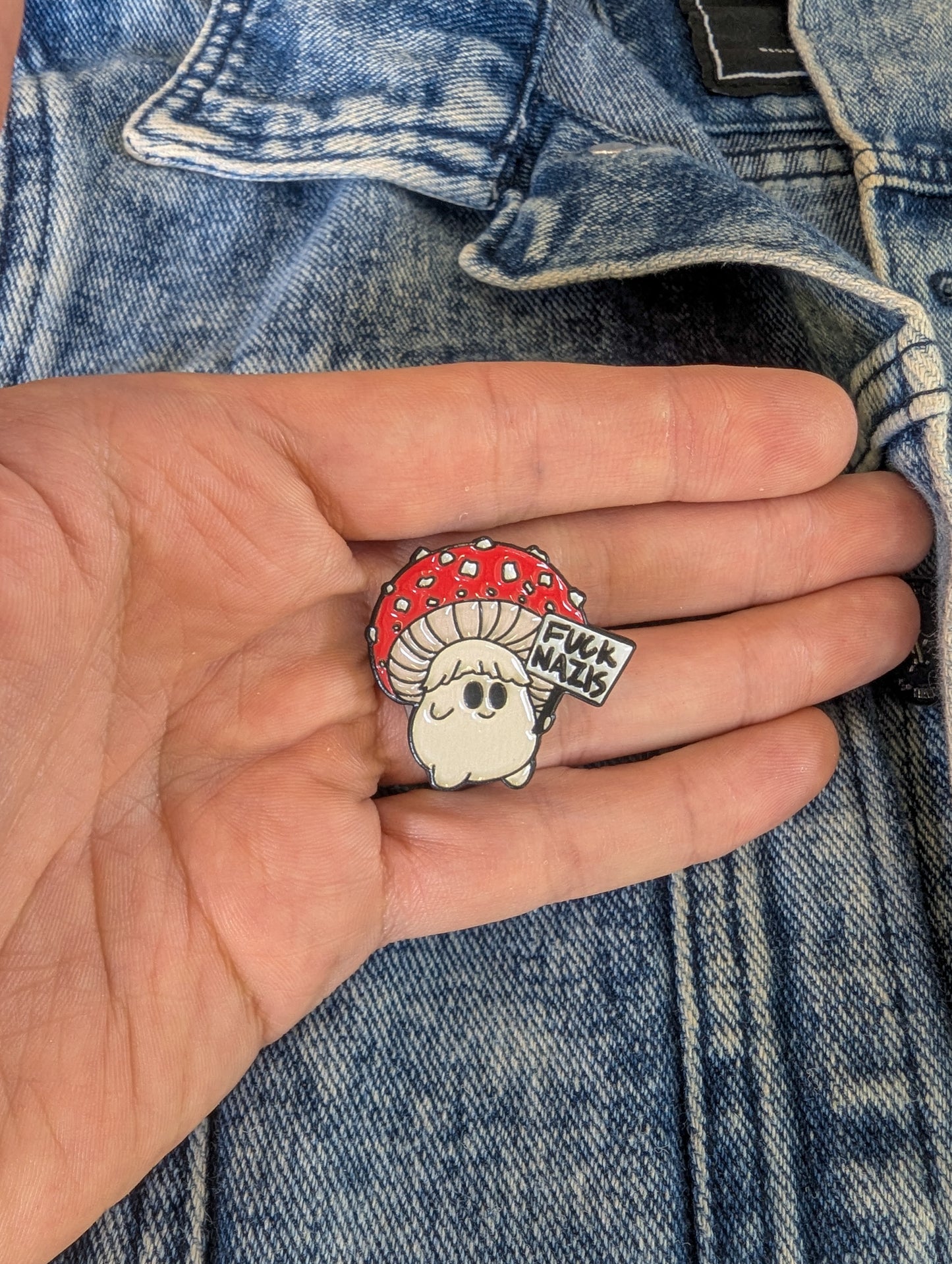 Fuck Nazis Picketing Amanita Mushroom | Soft Enamel Pin