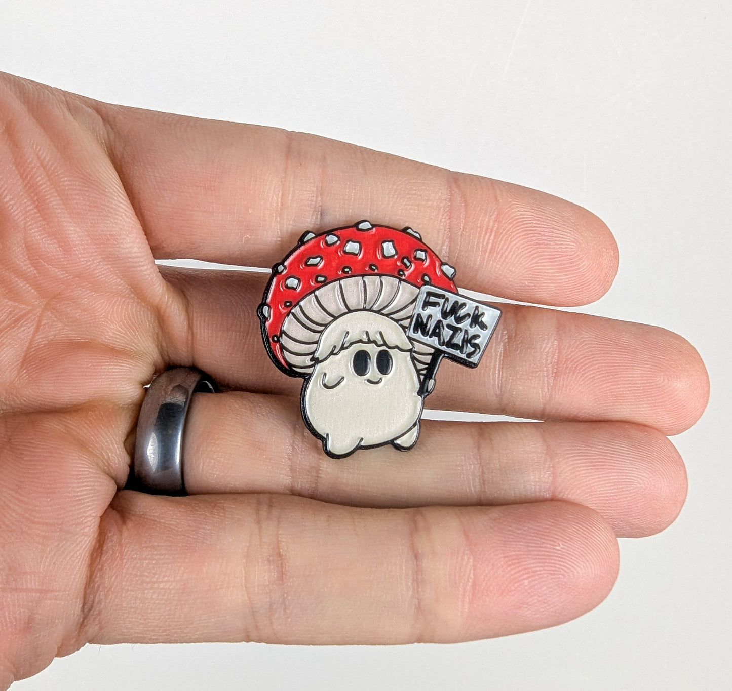 Fuck Nazis Picketing Amanita Mushroom | Soft Enamel Pin