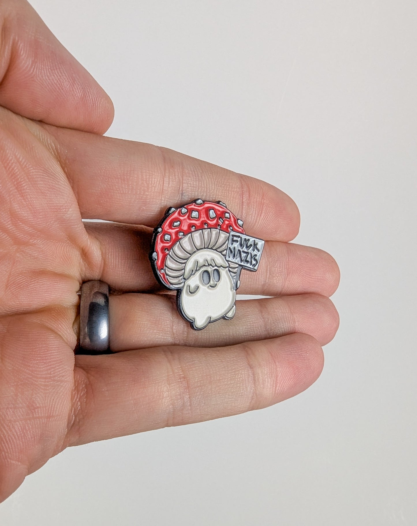 Fuck Nazis Picketing Amanita Mushroom | Soft Enamel Pin