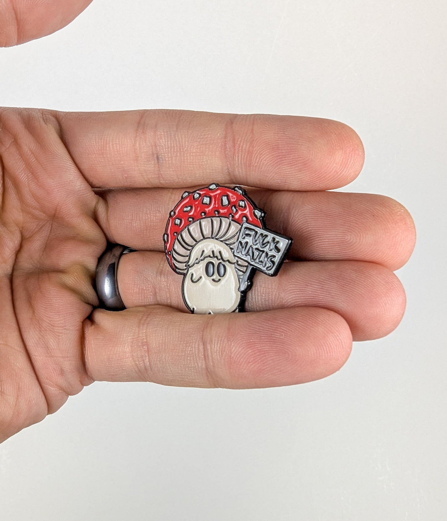 Fuck Nazis Picketing Amanita Mushroom | Soft Enamel Pin