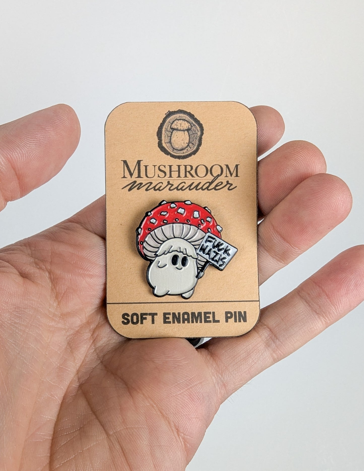 Fuck Nazis Picketing Amanita Mushroom | Soft Enamel Pin