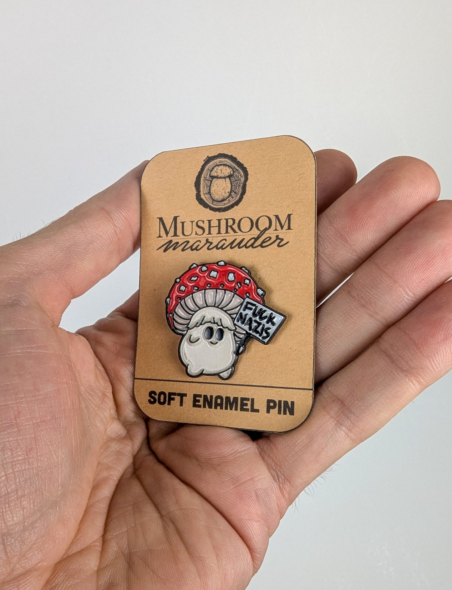 Fuck Nazis Picketing Amanita Mushroom | Soft Enamel Pin