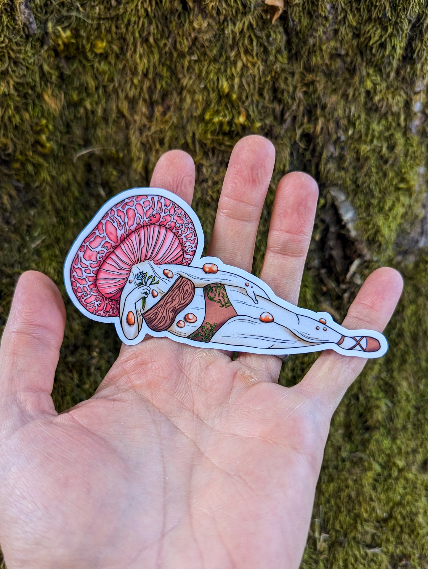 "Wrinkled Peach" Mushroom Pinup Girl Sticker | Rhodotus palmatus | Curvy FunGal