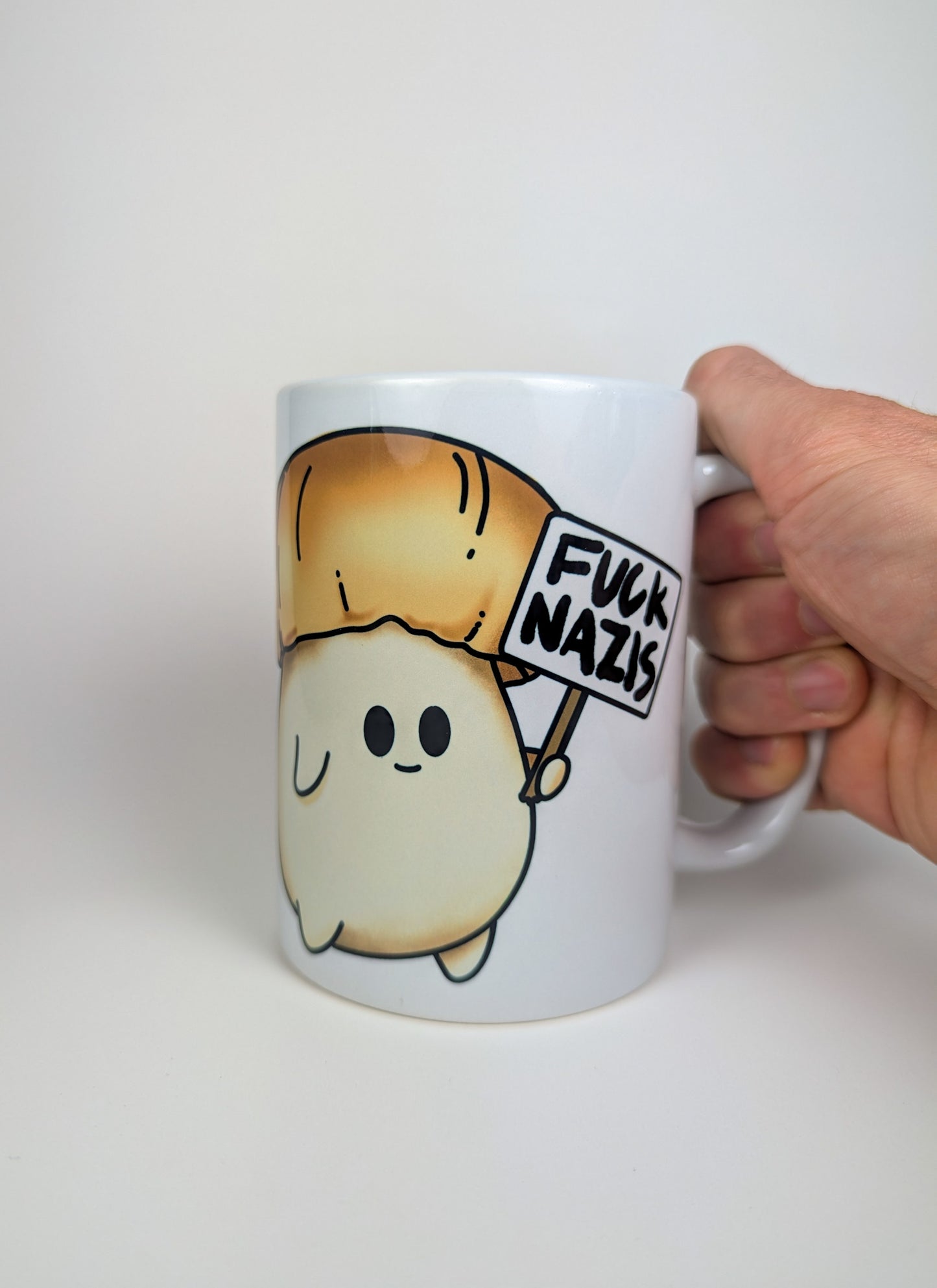 Fuck Nazis Porcini | Anti-Nazi Mushroom Mug | Mushroom Artwork on Ceramic Cup | 11oz/15oz Sizes