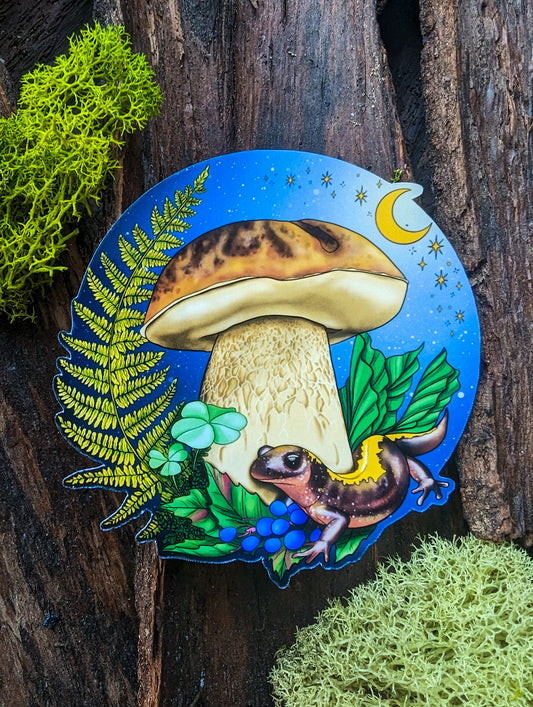 Porcini Mushroom and Salamander Sticker | Beautiful Mushroom Nature Scene