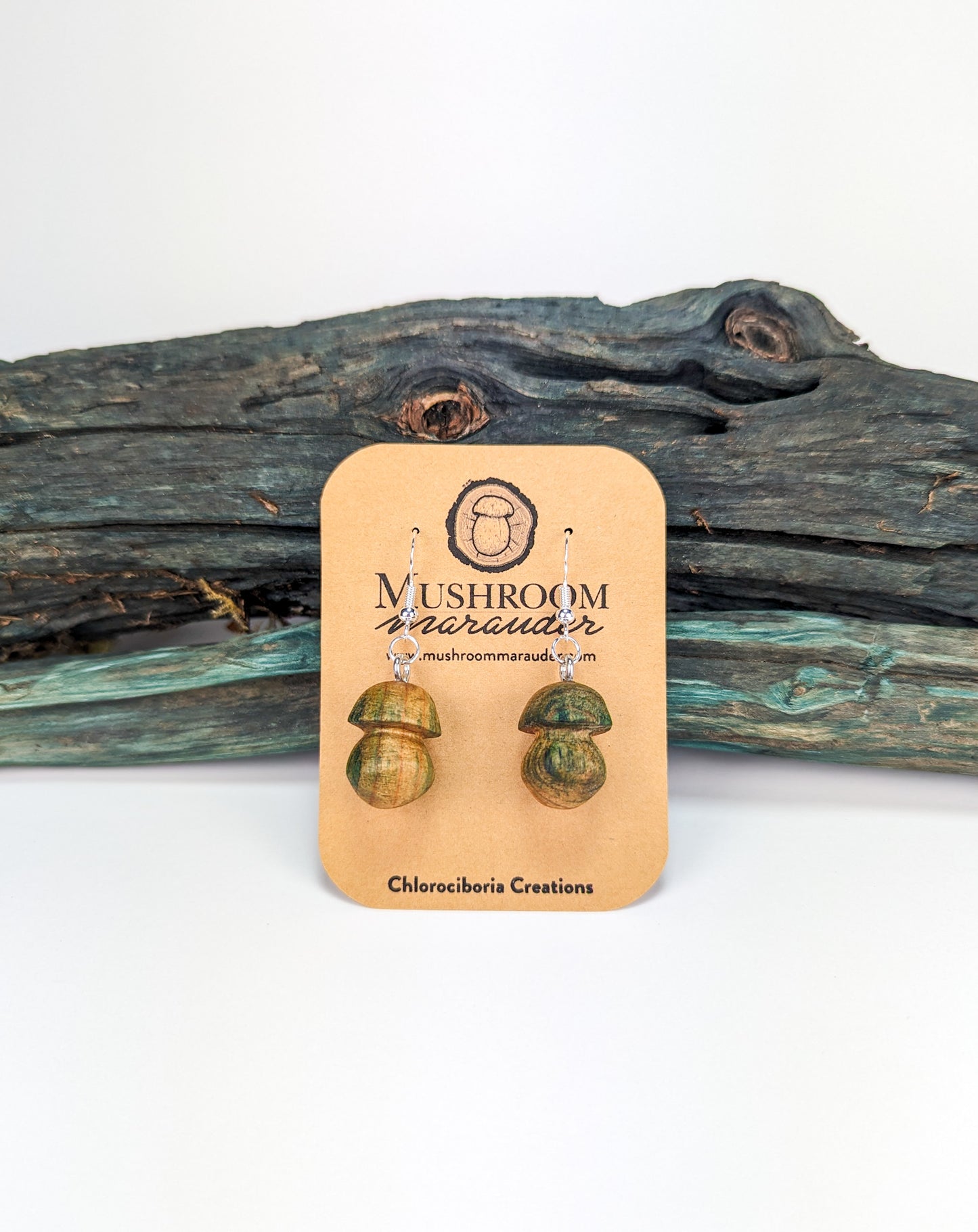 Porcini Mushroom Earrings #3 | Carved from Naturally Fungus-Stained Wood
