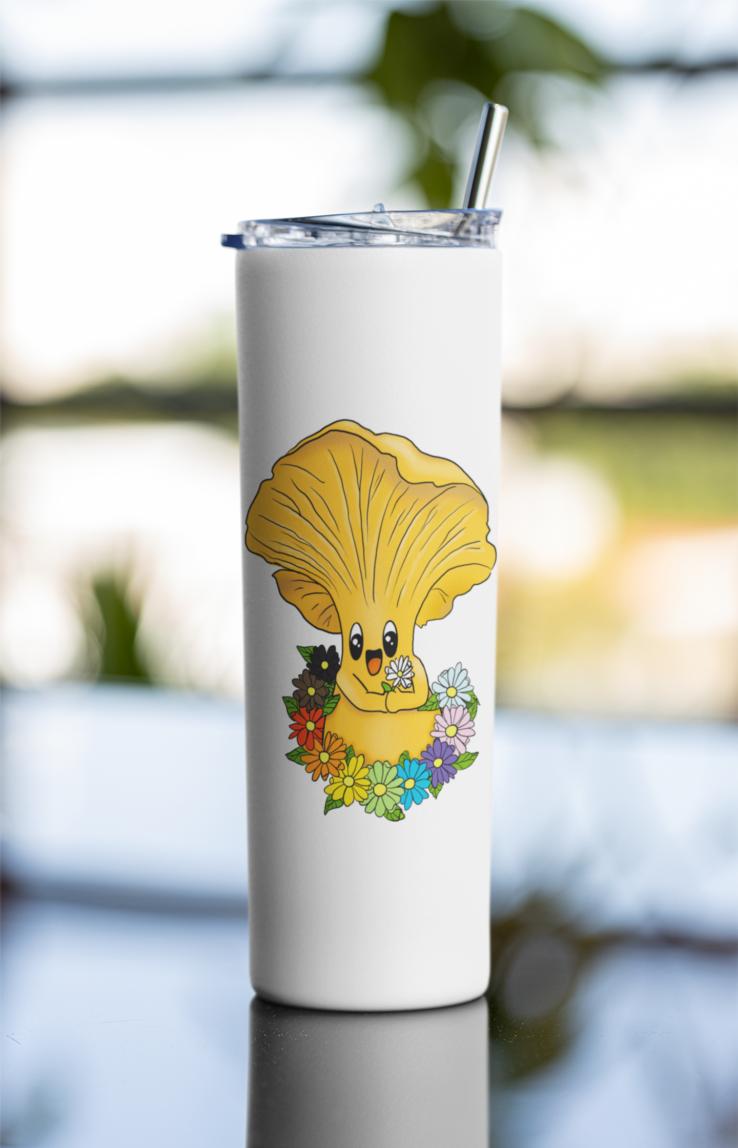 Chanterelle Mushroom w/Pride Rainbow Flowers | 20oz Stainless Steel Skinny Tumbler | Adorable, Inclusive Mushroom Artwork