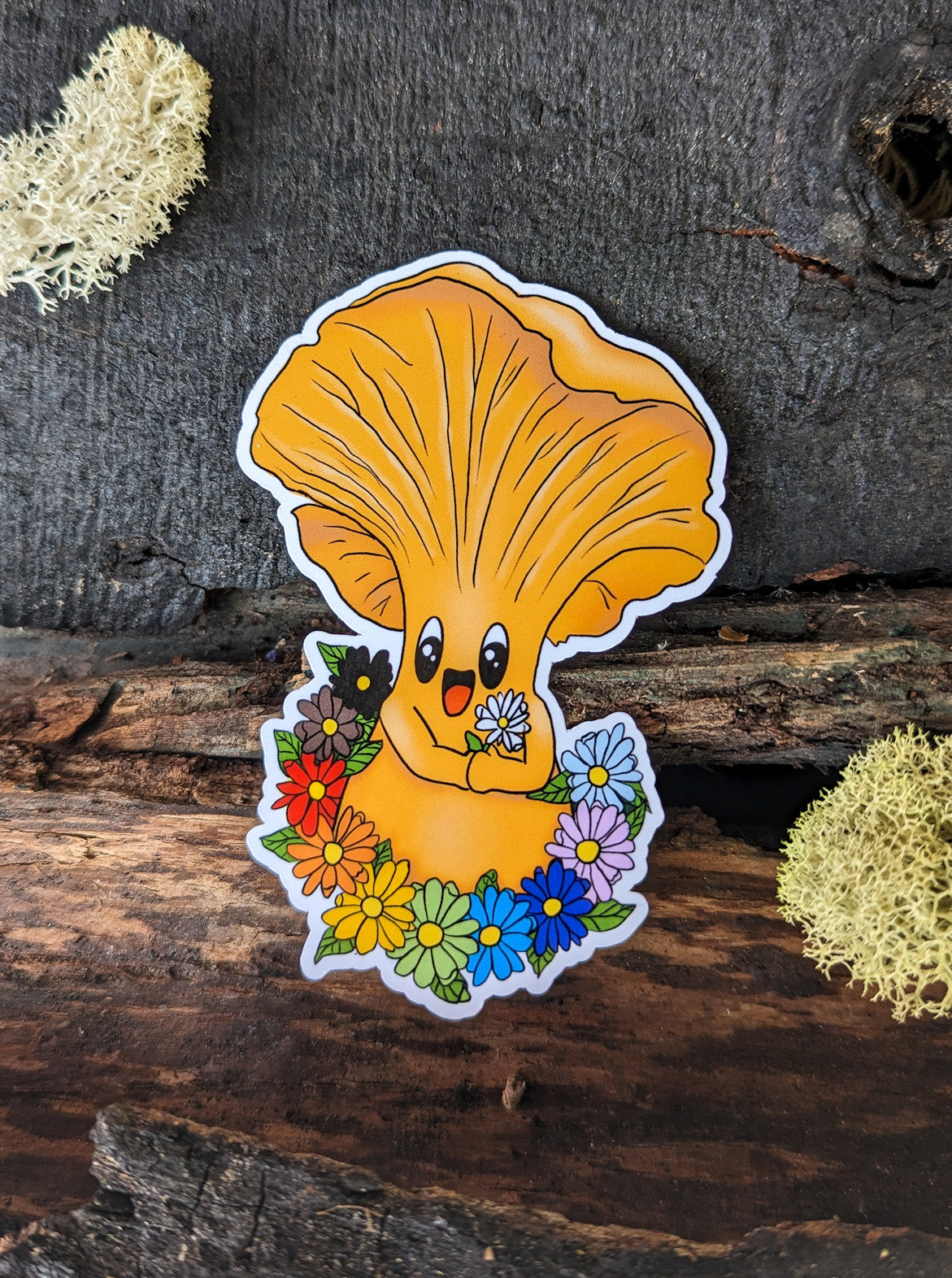 Chanterelle Mushroom Sticker w/ Pride Rainbow Flowers