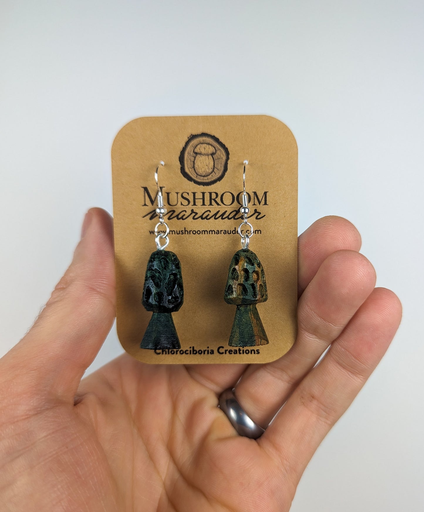 Morel Mushroom Earrings | Carved From Naturally Green, Fungus-Stained Wood