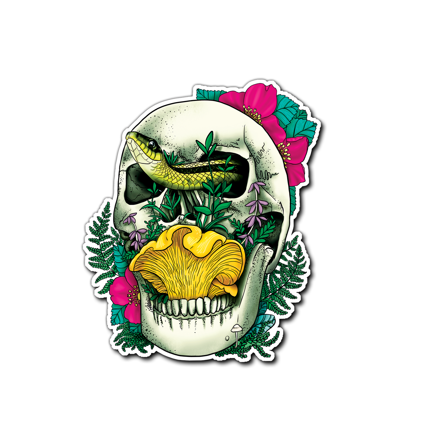 Skull, Snake, Chanterelle and Flowers | Morbid Mushroom Magnet