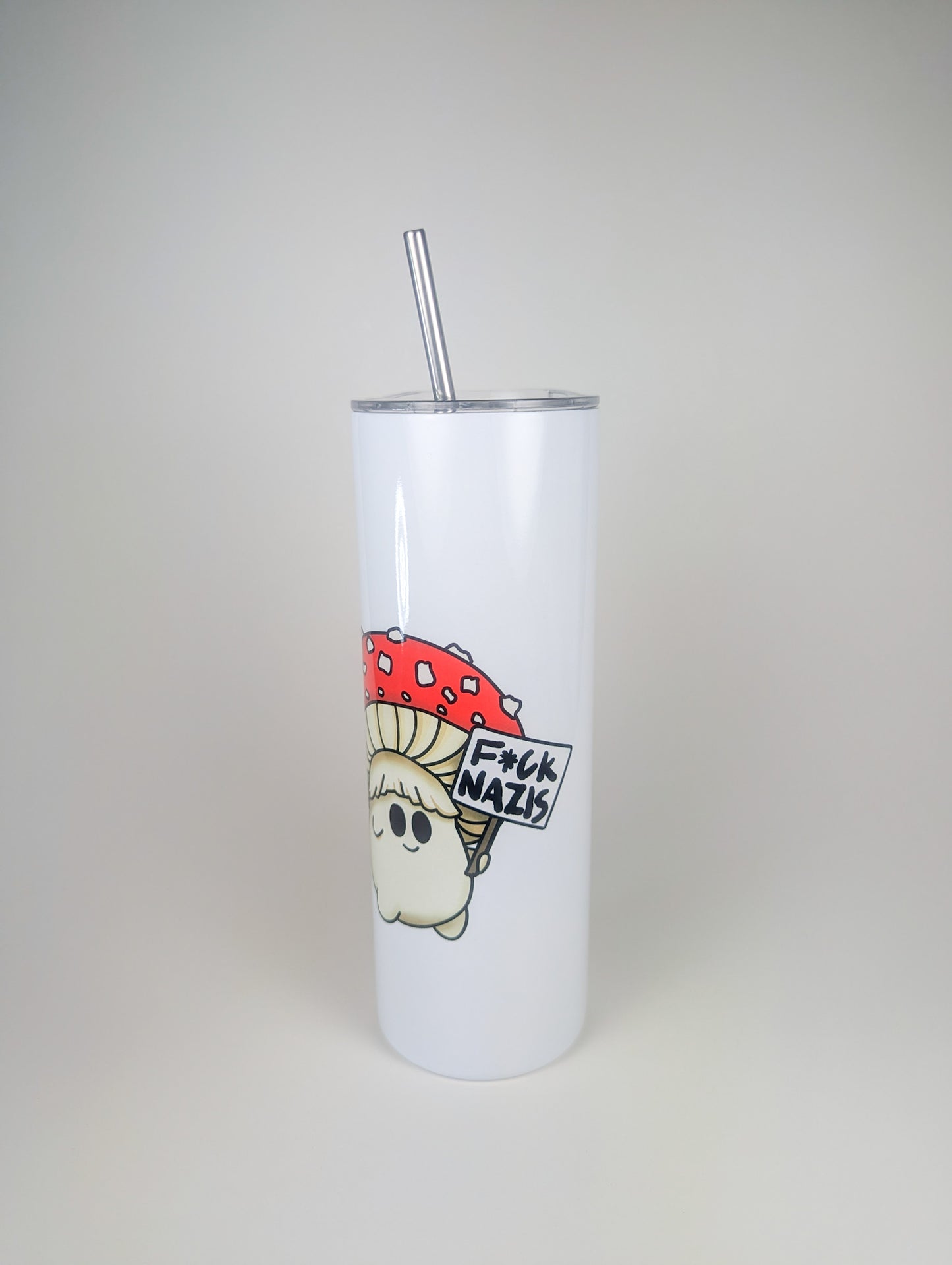 Fuck Nazis Amanita | 20oz Stainless Steel Skinny Tumbler | Anti-Oligarchy/No Kings Artwork