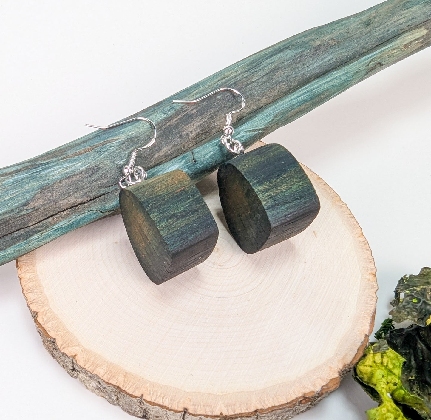 Naturally Fungus Stained Wooden Earrings | Deep Green Abstract Shape #1