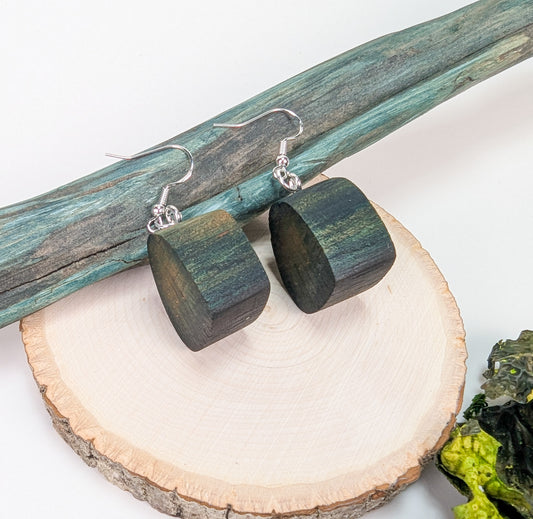 Naturally Fungus Stained Wooden Earrings | Deep Green Abstract Shape #1