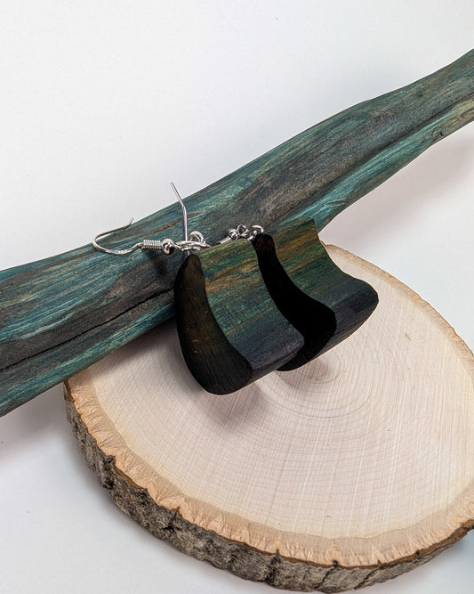 Naturally Fungus Stained Wooden Earrings | Deep Green Abstract Shape #2