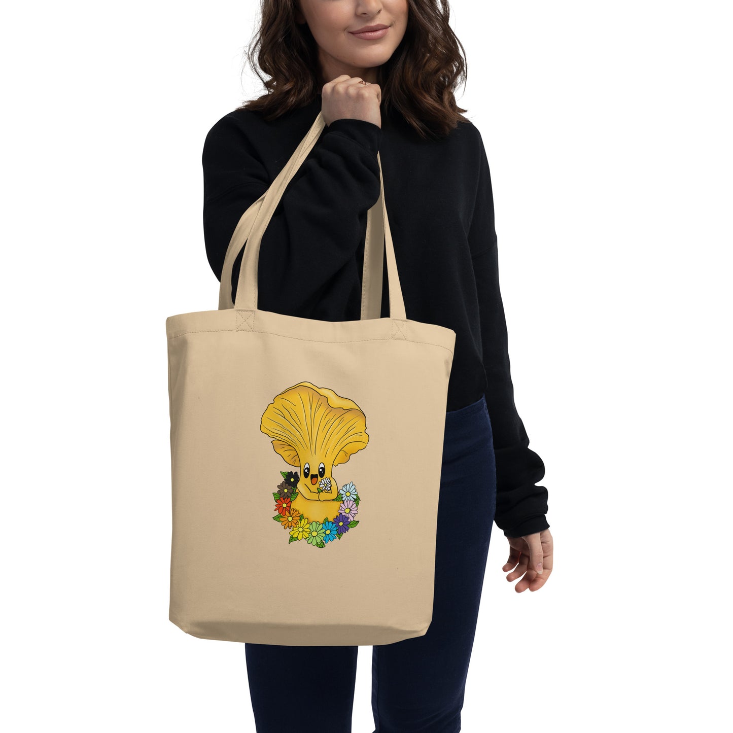 Chanterelle Mushroom w/Pride Rainbow Flowers | Eco-Friendly Tote Bag | Adorable Pride Mushroom Artwork