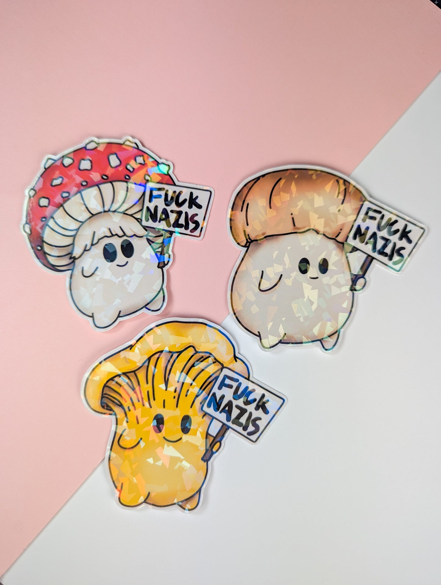 "Fuck Nazis" Mushroom Sticker Trio | Chanterelle, Amanita and Porcini Mushrooms Holding Picket Signs