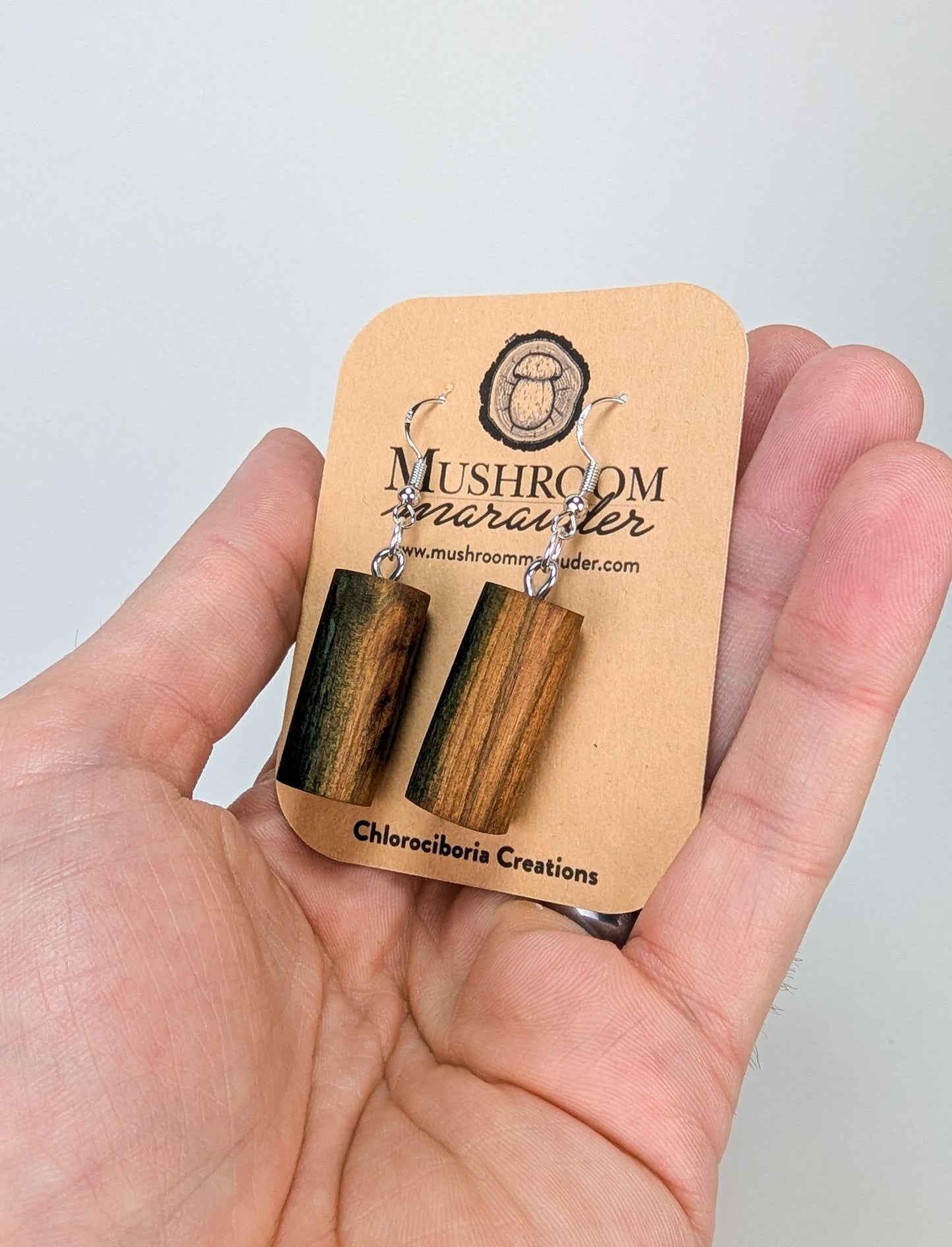 Naturally Fungus Stained Wooden Earrings | Large Cylindrical Shape #1