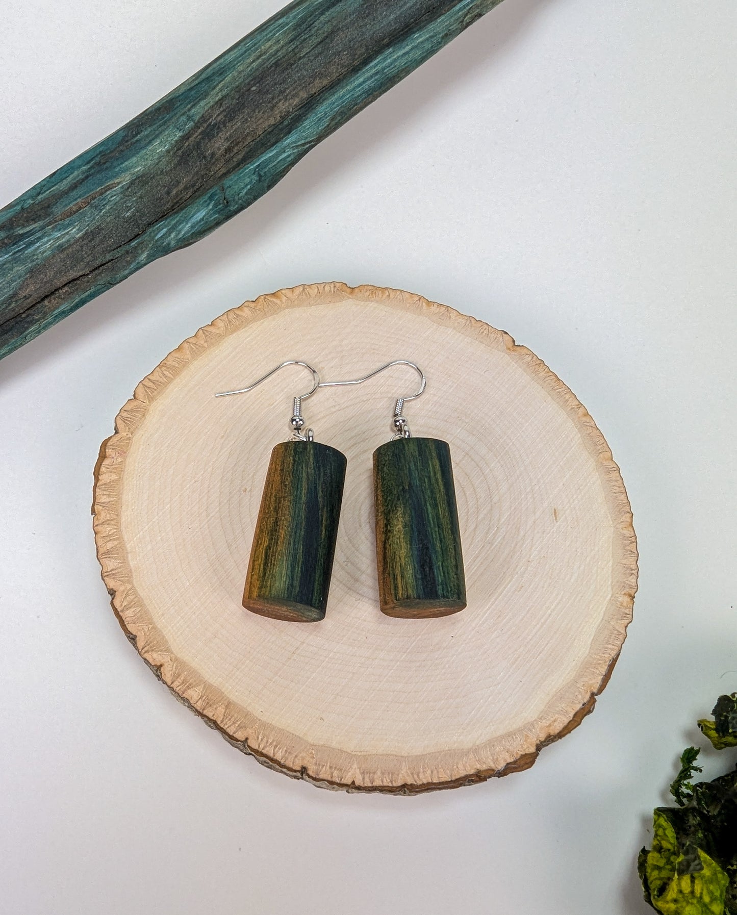 Naturally Fungus Stained Wooden Earrings | Large Cylindrical Shape #1