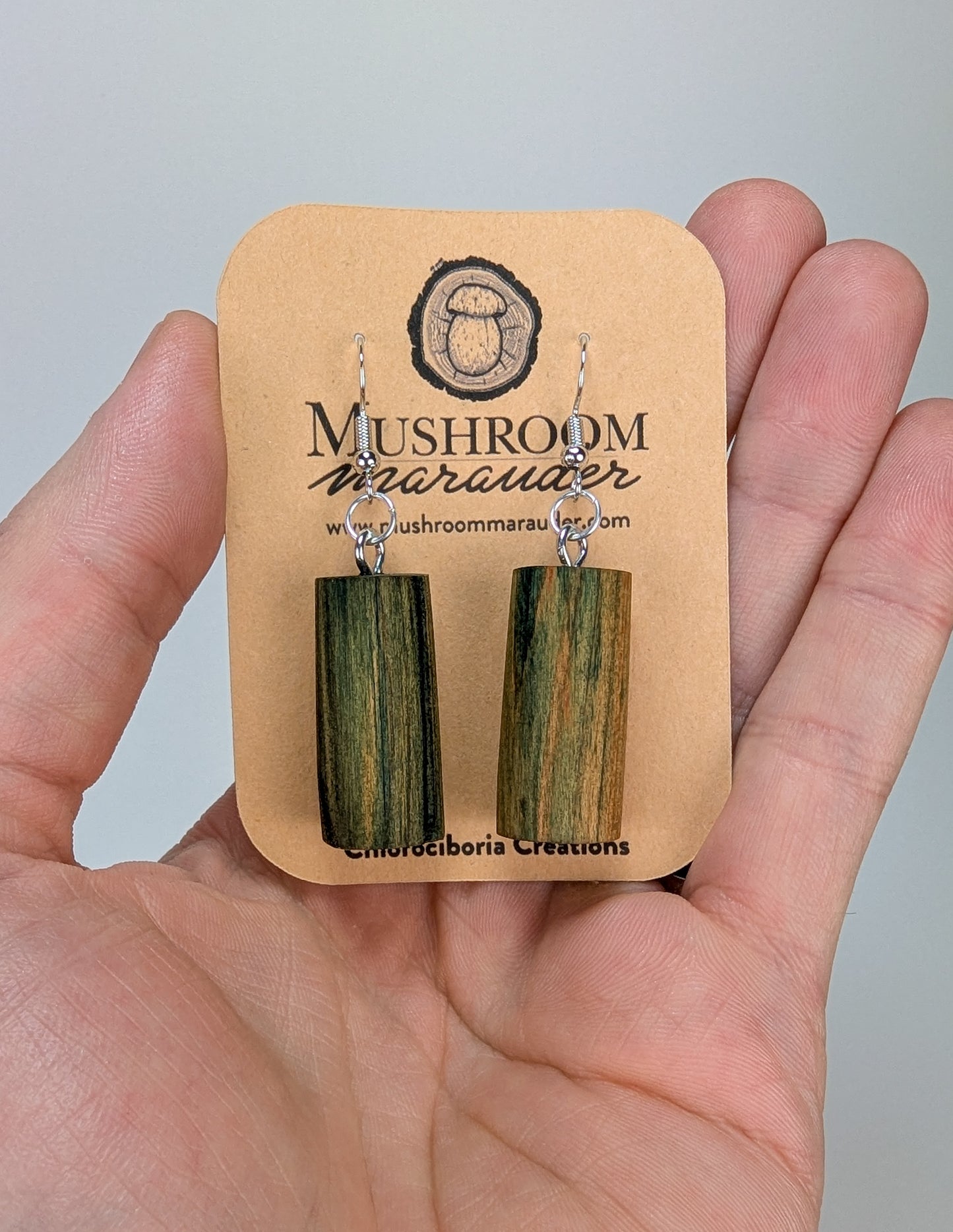 Naturally Fungus Stained Wooden Earrings | Large Cylindrical Shape #2