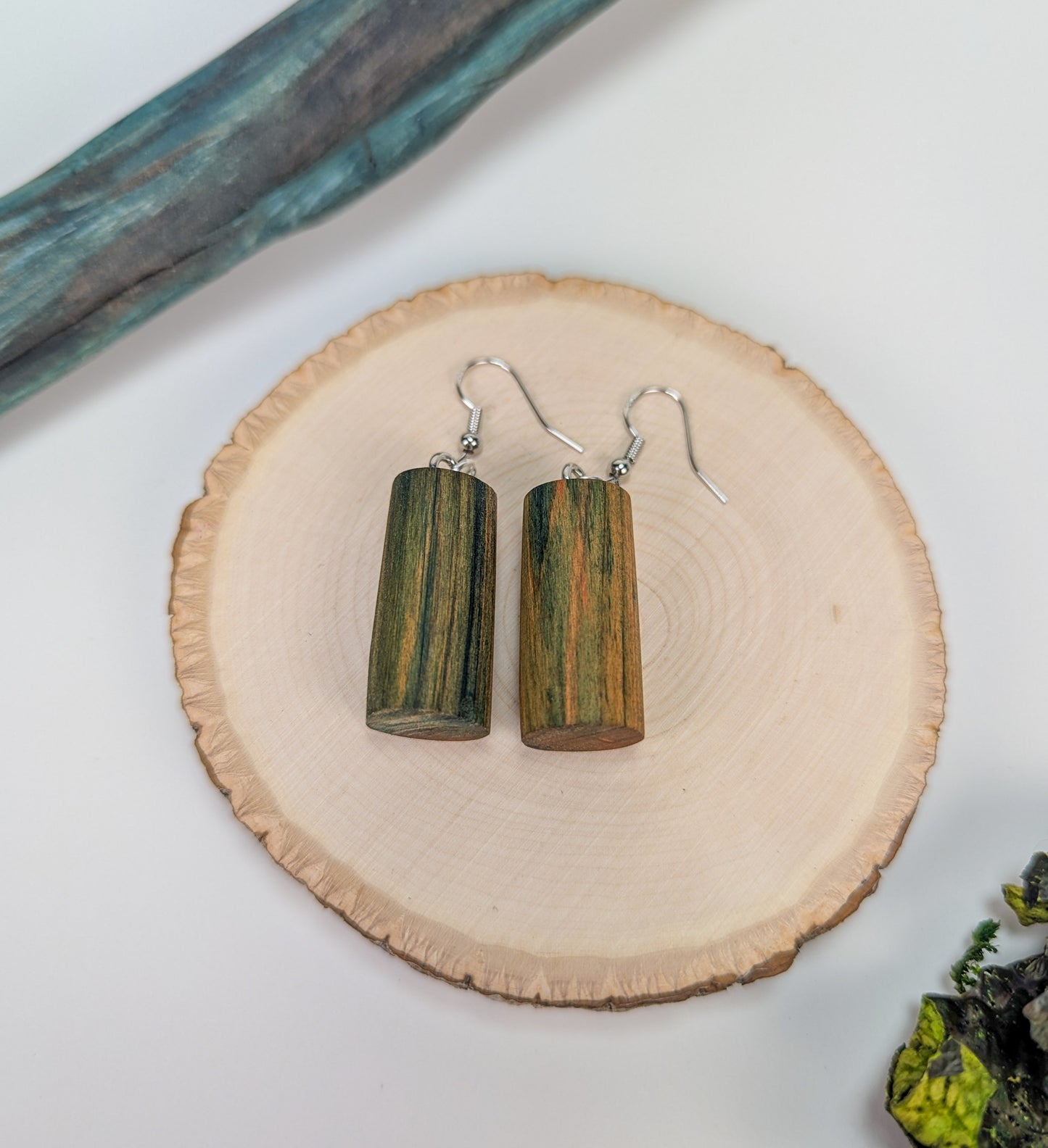 Naturally Fungus Stained Wooden Earrings | Large Cylindrical Shape #2