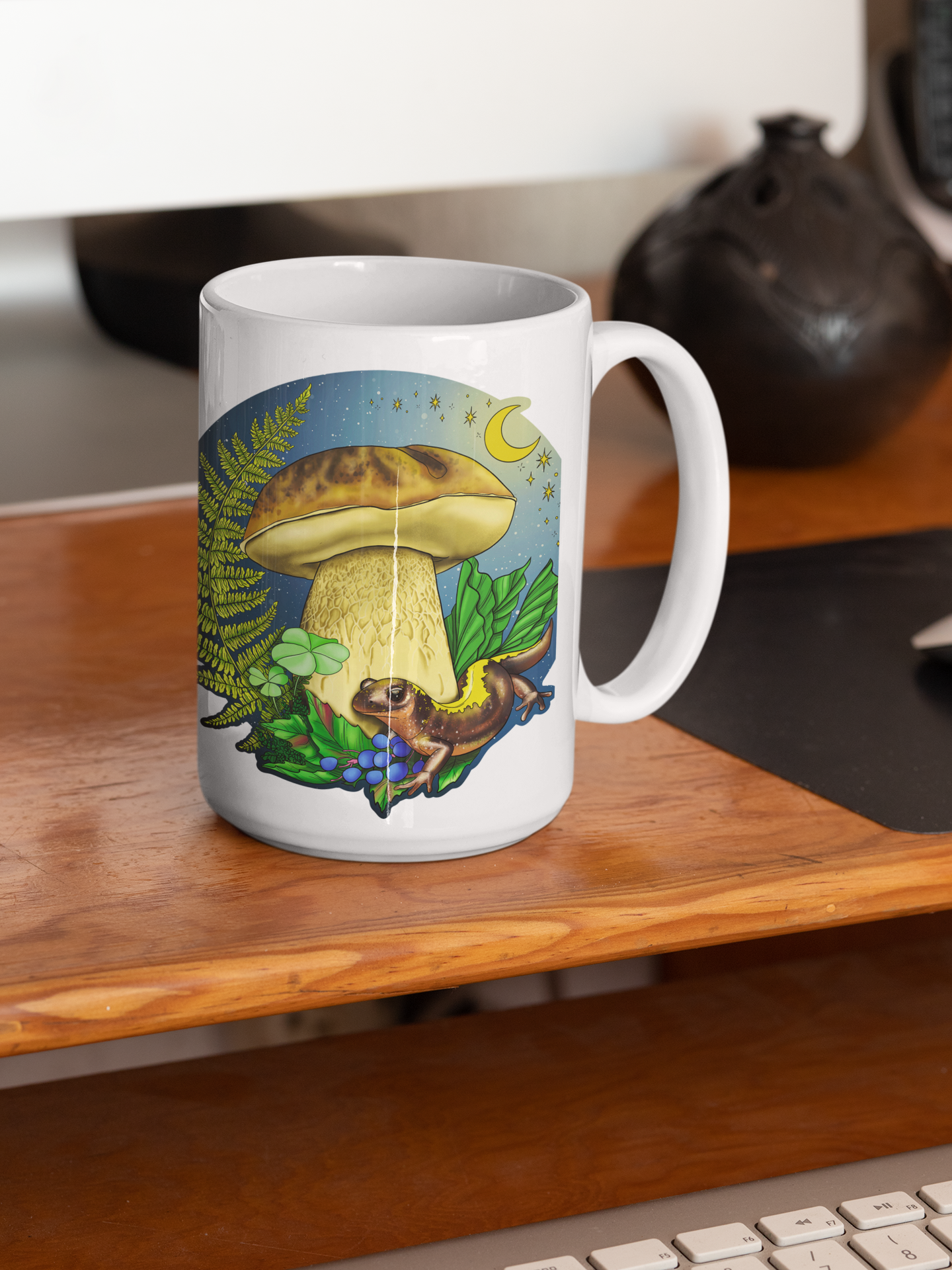 Porcini Mushroom and Salamander | Beautiful Mushroom Mug | Nature Artwork on Ceramic Cup | 11oz/15oz Sizes