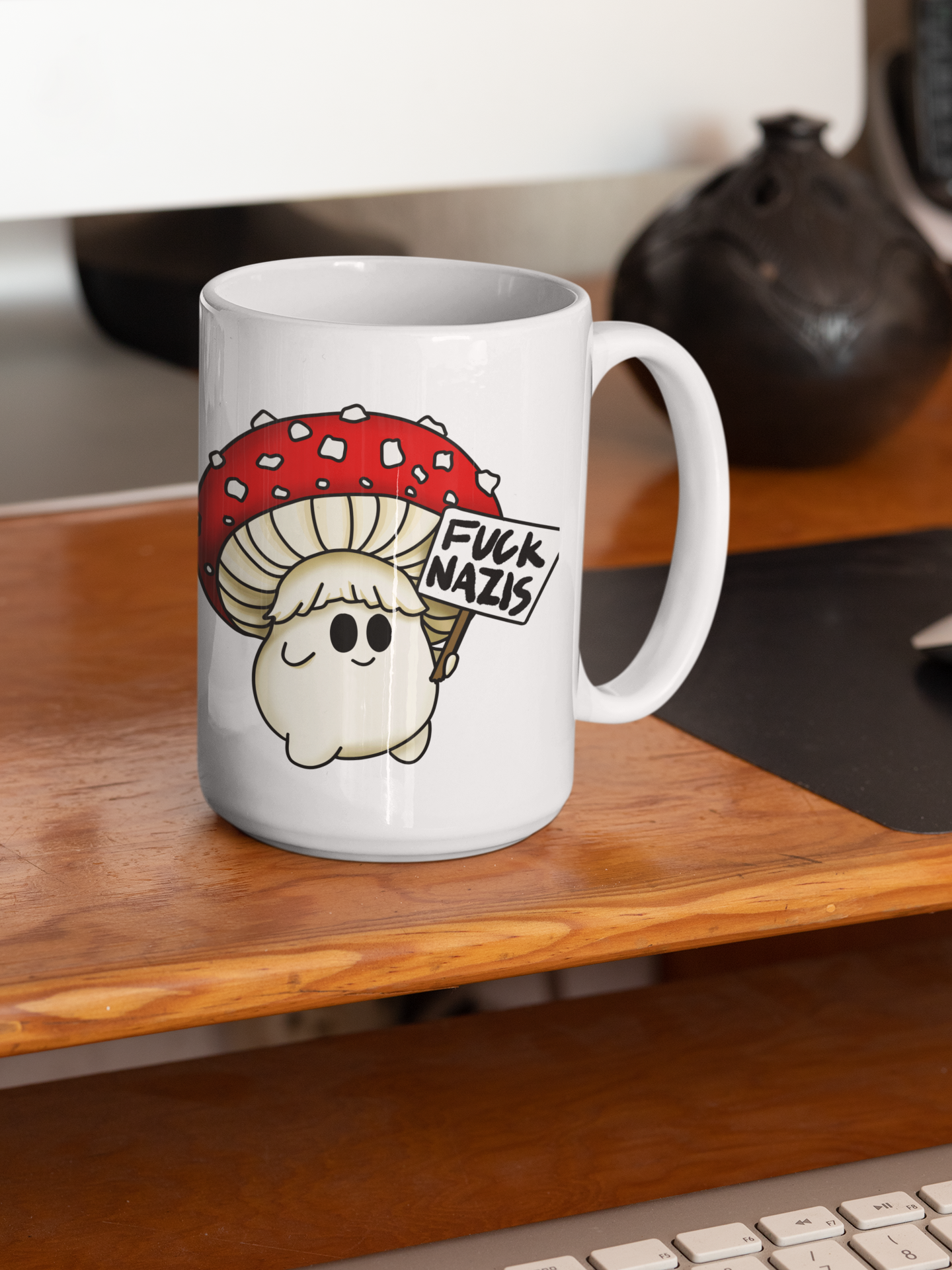 Fuck Nazis Amanita | Anti-Nazi Mushroom Mug | Mushroom Artwork on Ceramic Cup | 11oz/15oz Sizes