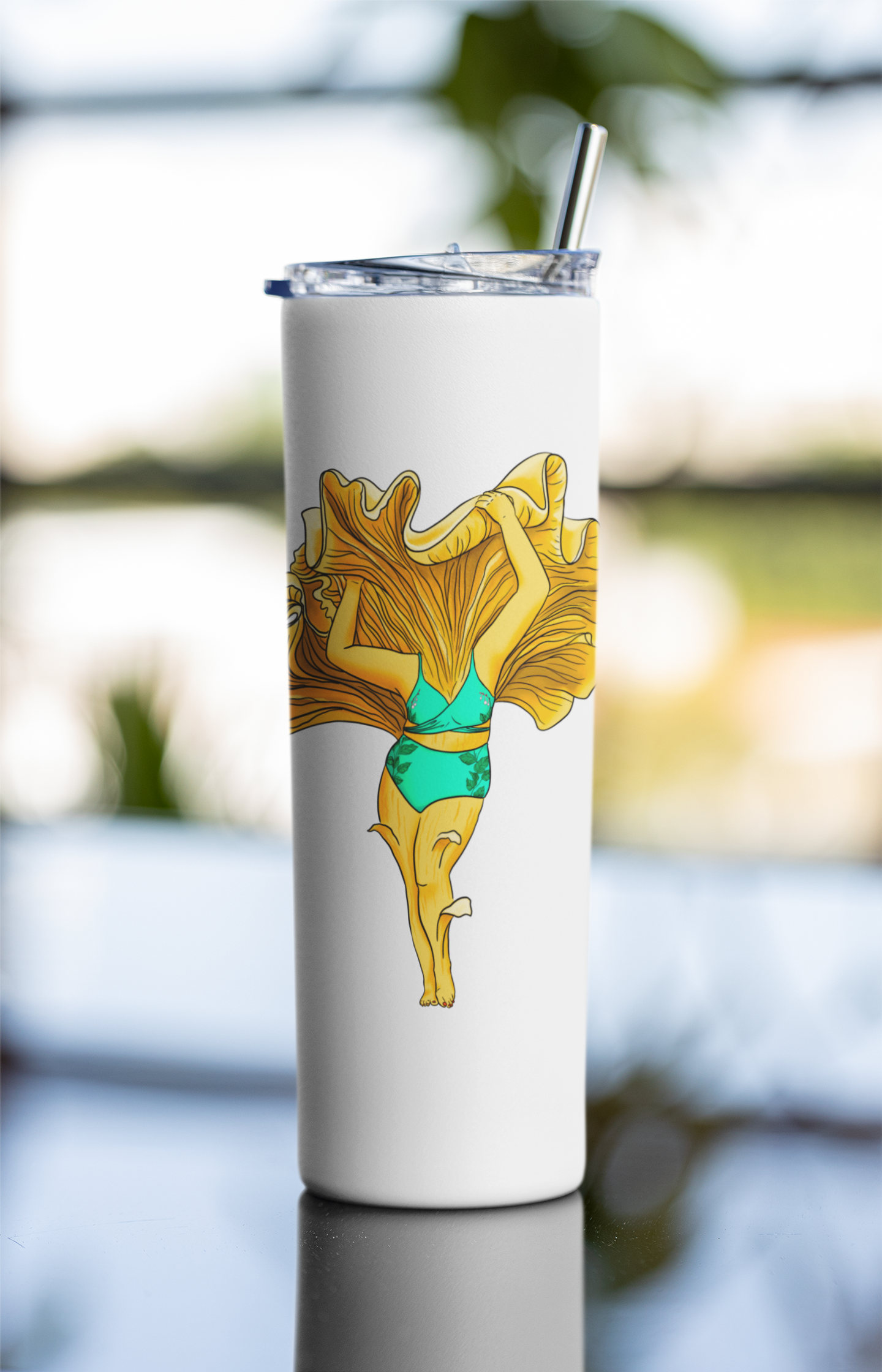 Chanterelle Mushroom Pinup Girl | 20oz Stainless Steel Skinny Tumbler | Beautiful Mushroom Artwork