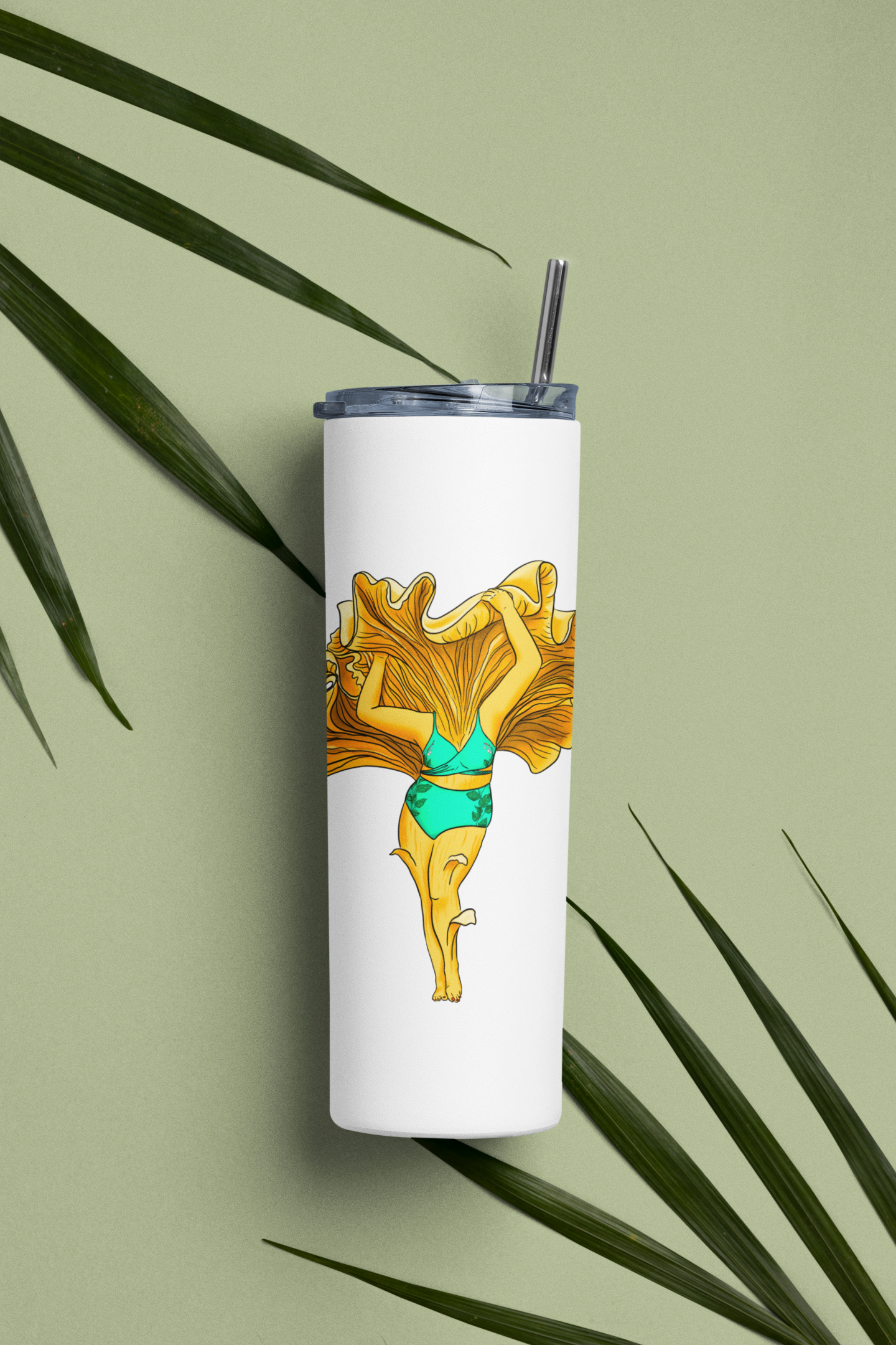 Chanterelle Mushroom Pinup Girl | 20oz Stainless Steel Skinny Tumbler | Beautiful Mushroom Artwork