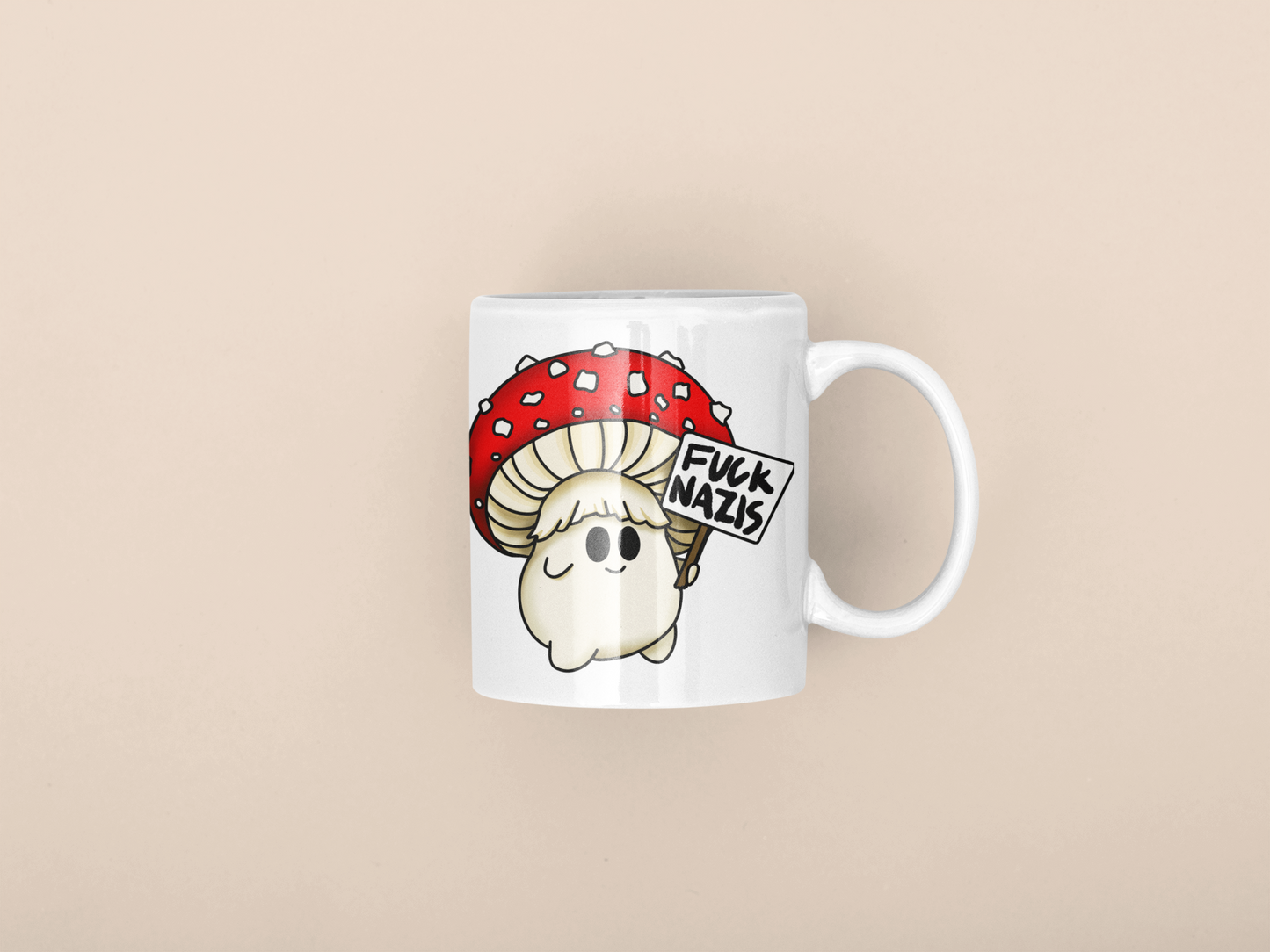 Fuck Nazis Amanita | Anti-Nazi Mushroom Mug | Mushroom Artwork on Ceramic Cup | 11oz/15oz Sizes