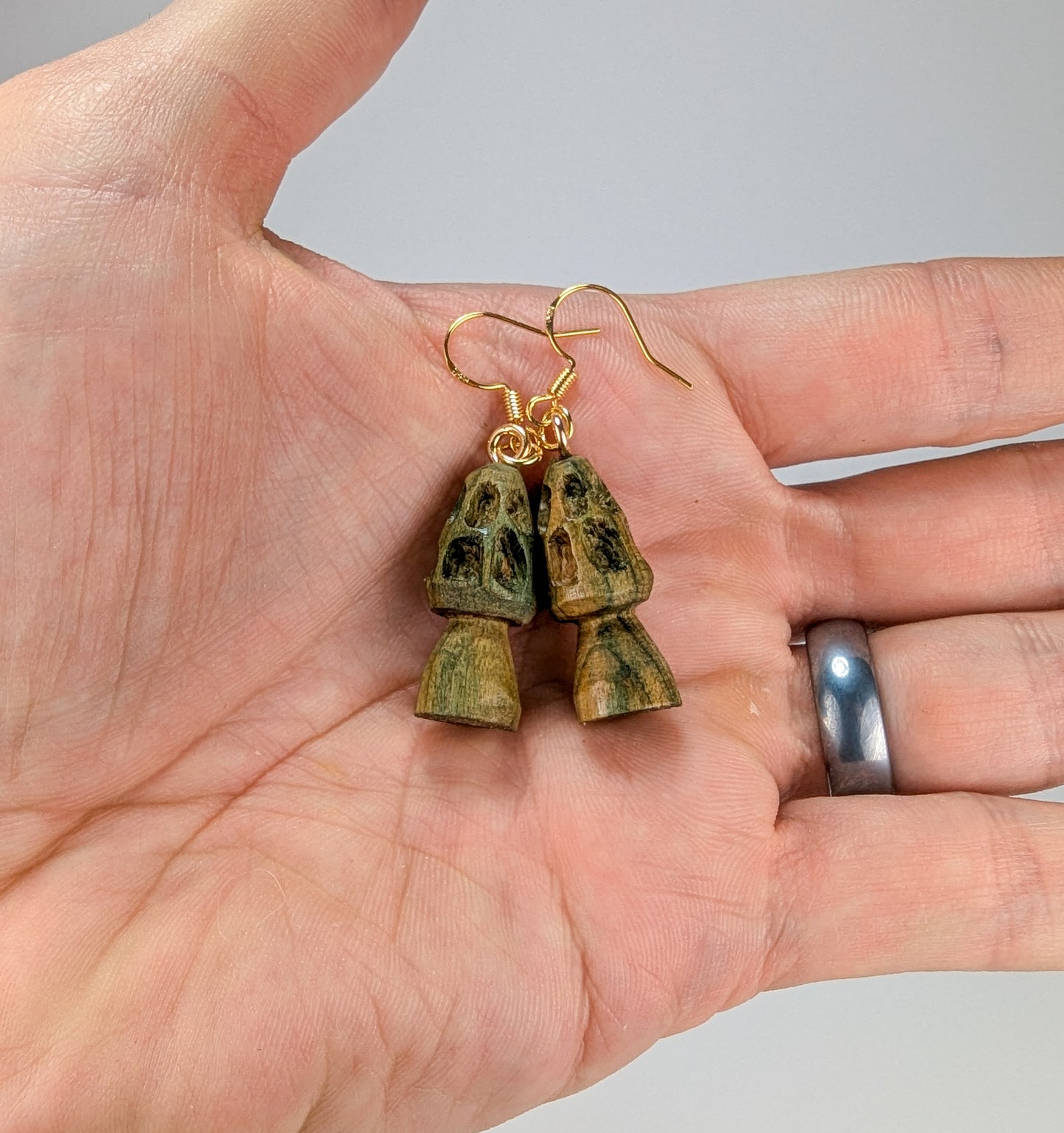 Morel Mushroom Earrings #26 | Carved From Naturally Green, Fungus-Stained Wood