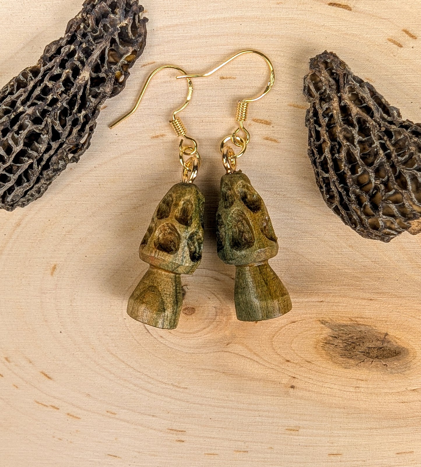 Morel Mushroom Earrings #26 | Carved From Naturally Green, Fungus-Stained Wood