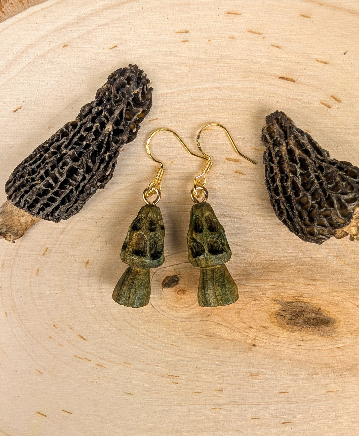 Morel Mushroom Earrings #26 | Carved From Naturally Green, Fungus-Stained Wood