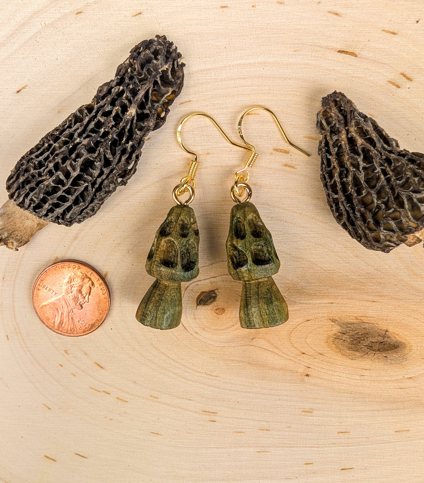 Morel Mushroom Earrings #26 | Carved From Naturally Green, Fungus-Stained Wood