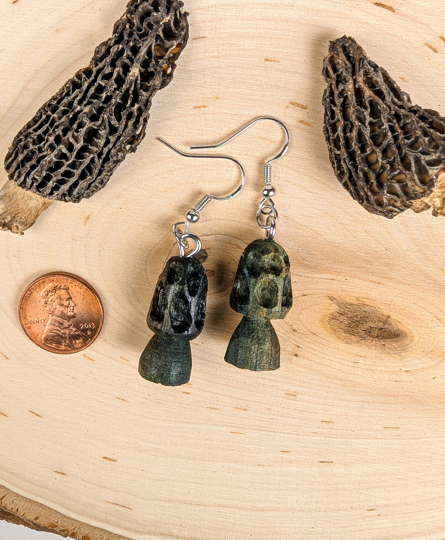 Morel Mushroom Earrings #17 | Carved From Naturally Green, Fungus-Stained Wood