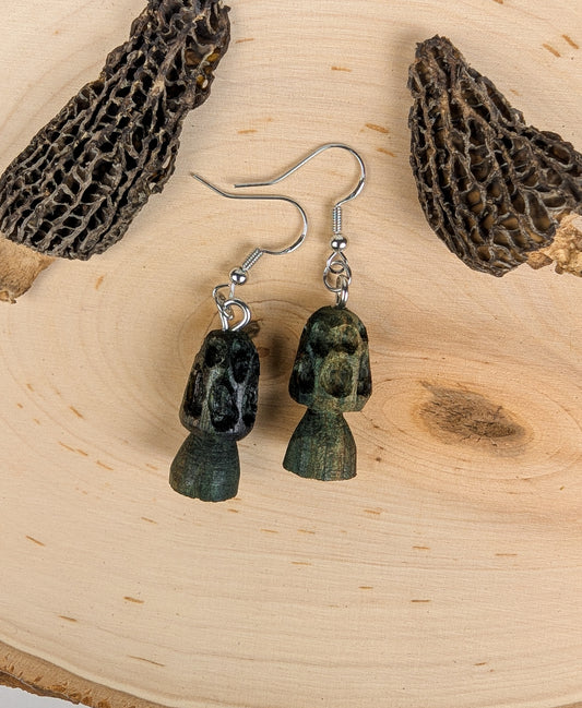 Morel Mushroom Earrings #17 | Carved From Naturally Green, Fungus-Stained Wood