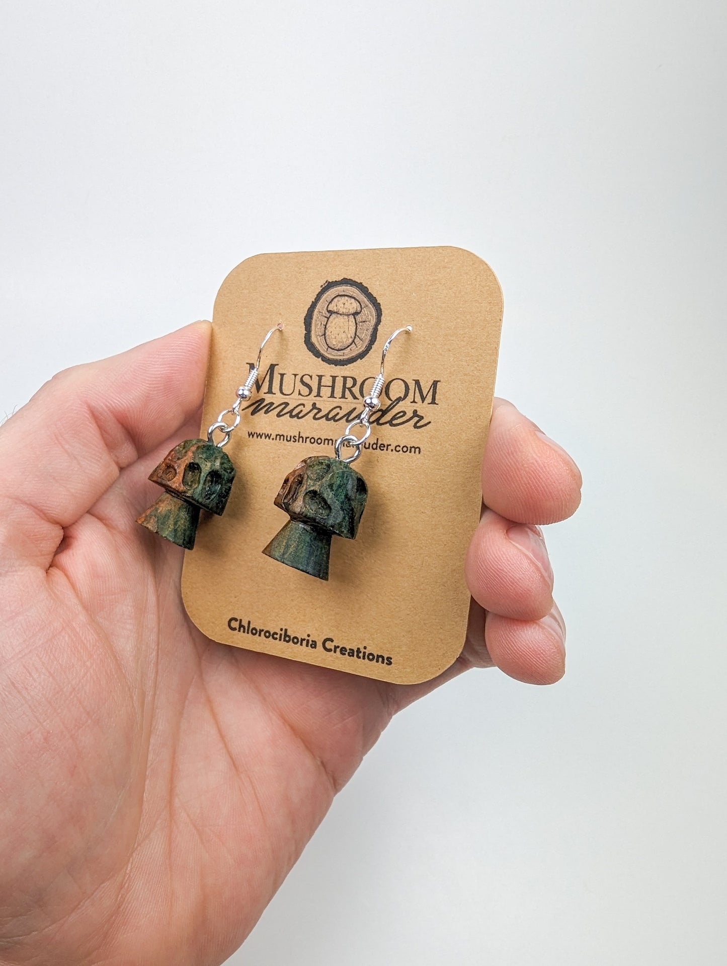 Morel Mushroom Earrings #10 | Carved From Naturally Green, Fungus-Stained Wood