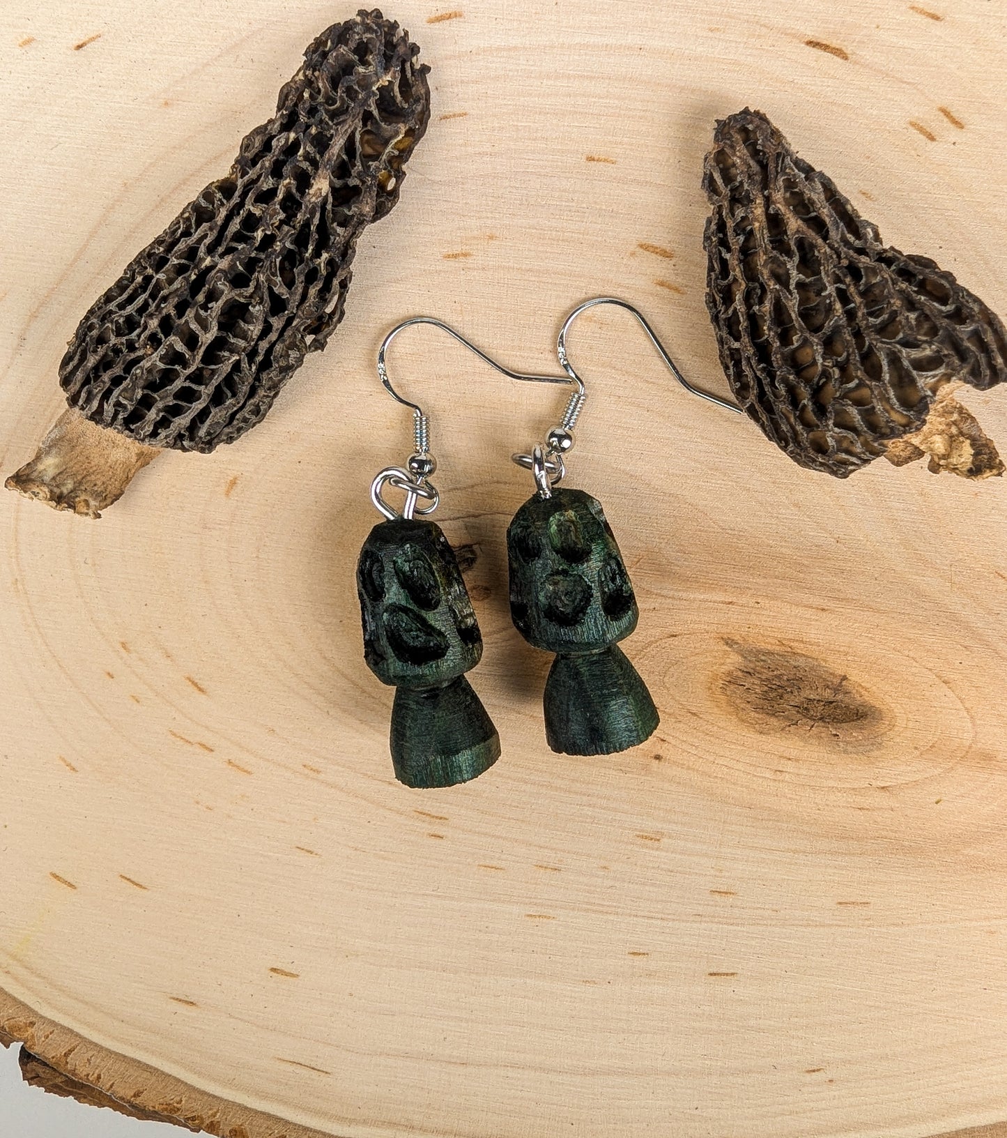 Morel Mushroom Earrings #17 | Carved From Naturally Green, Fungus-Stained Wood