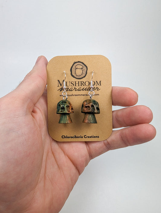 Morel Mushroom Earrings #10 | Carved From Naturally Green, Fungus-Stained Wood