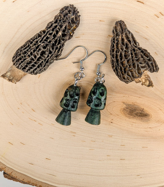 Morel Mushroom Earrings #18 | Carved From Naturally Green, Fungus-Stained Wood