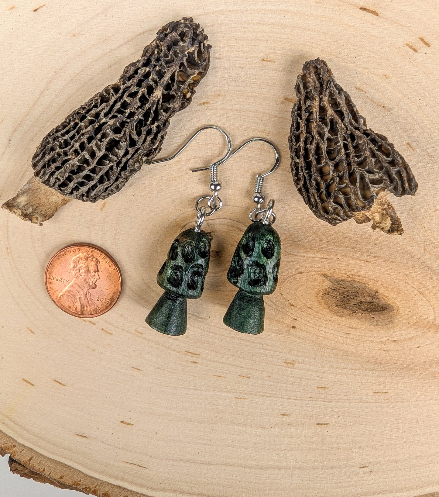 Morel Mushroom Earrings #18 | Carved From Naturally Green, Fungus-Stained Wood