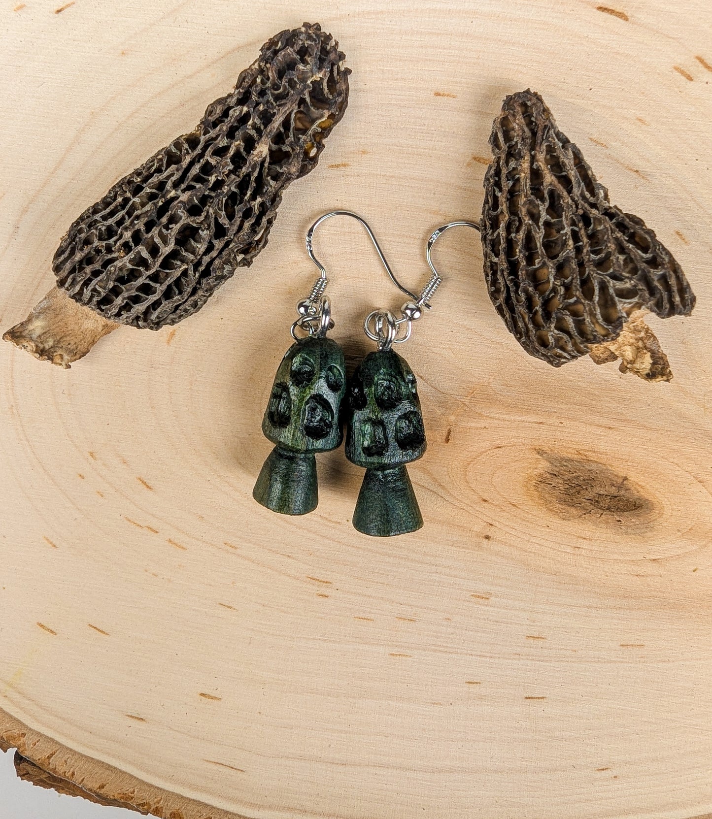 Morel Mushroom Earrings #18 | Carved From Naturally Green, Fungus-Stained Wood