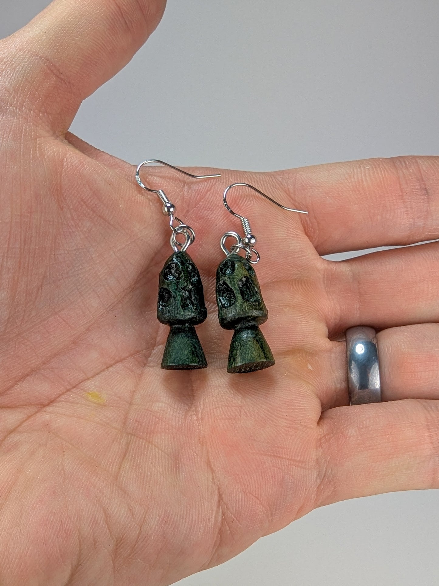 Morel Mushroom Earrings #18 | Carved From Naturally Green, Fungus-Stained Wood