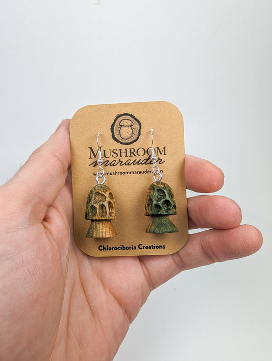 Morel Mushroom Earrings #11 | Carved From Naturally Green, Fungus-Stained Wood